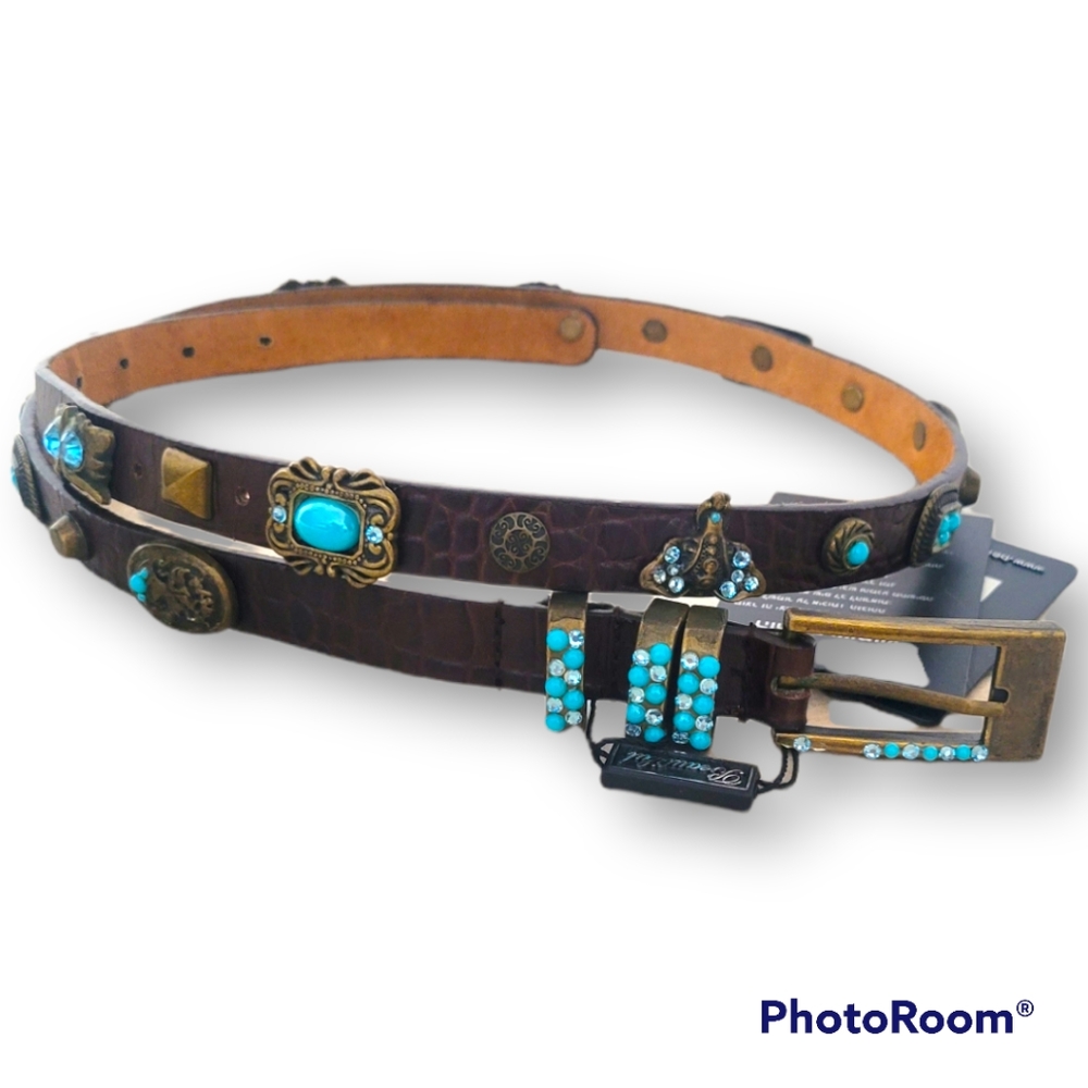 Brown leather embellished studded boho bohemian belt size M